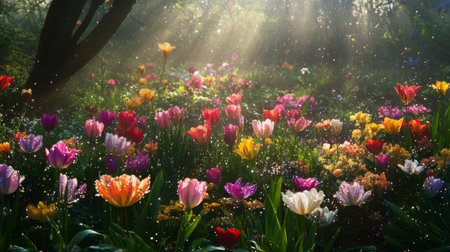 A beautiful flower garden with various blossoms covered in dew drops, creating a sparkling effect across the entire scene in the early morning.の素材
