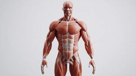 A 3D rendering of the human muscular system, featuring major muscle groups and their connections, set against a clean white backdrop for clarity.の素材