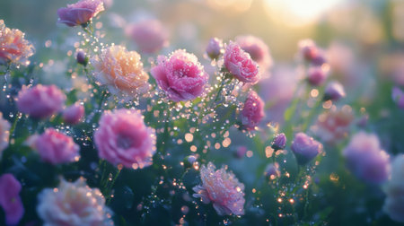 A beautiful flower garden with various blossoms covered in dew drops, creating a sparkling effect across the entire scene in the early morning.の素材