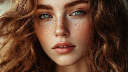 A beautiful woman with soft, wavy hair framing her face, glowing skin, and an expressive gaze that conveys confidence and grace.の素材