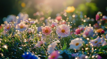 A beautiful flower garden with various blossoms covered in dew drops, creating a sparkling effect across the entire scene in the early morning.の素材