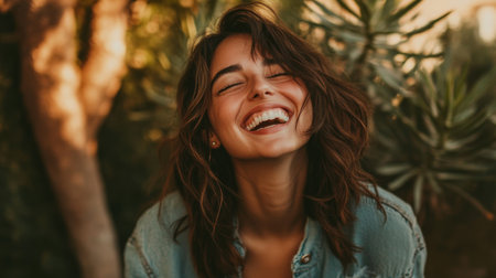 A candid photo of a woman laughing with her eyes closed, showcasing her genuine happiness and beauty in a casual, everyday moment.の素材