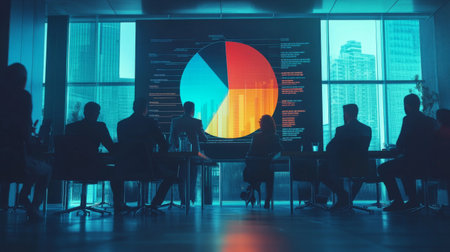 A business meeting room with a large screen displaying a 3D pie chart, representing sales performance across different regions. Professionals are attentively viewing the data, indicating strategic planning.の素材
