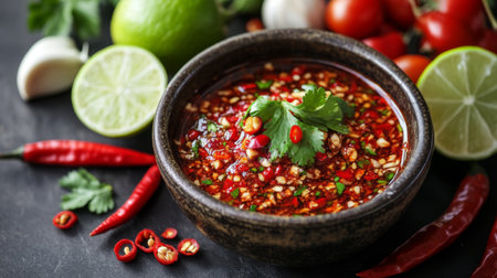 A bowl of spicy Thai chili sauce with fresh ingredients like garlic, lime, and chili peppers arranged beside it, ready to enhance a traditional meal.の素材