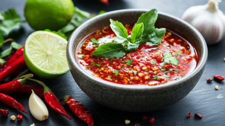A bowl of spicy Thai chili sauce with fresh ingredients like garlic, lime, and chili peppers arranged beside it, ready to enhance a traditional meal.の素材