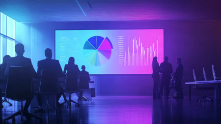 A business meeting room with a large screen displaying a 3D pie chart, representing sales performance across different regions. Professionals are attentively viewing the data, indicating strategic planning.の素材