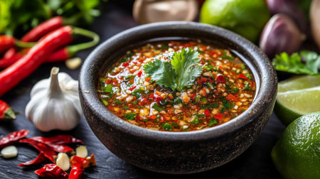 A bowl of spicy Thai chili sauce with fresh ingredients like garlic, lime, and chili peppers arranged beside it, ready to enhance a traditional meal.の素材