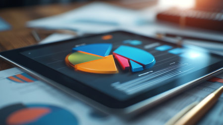 A close-up of a 3D pie chart on a tablet screen, illustrating budget allocation with vivid colors and depth. Surrounding the tablet are financial documents and a pen, suggesting analysis.の素材