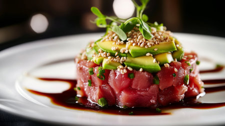 A close-up of a tuna tartare appetizer, beautifully plated with avocado, sesame seeds, and a drizzle of soy sauce, showcasing a sophisticated and elegant dish.の素材