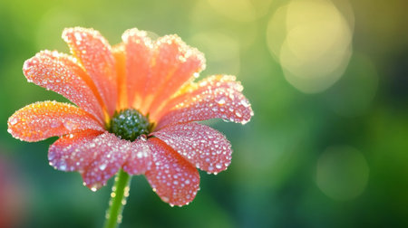 A close-up of a vibrant flower with delicate dew drops on its petals, glistening in the early morning light, set against a blurred green background.の素材