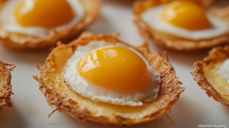 A close-up of a classic Thai sweet called "khanom buang" (Thai crispy pancakes), topped with golden egg yolk and coconut filling, displayed on a clean white surface.の素材