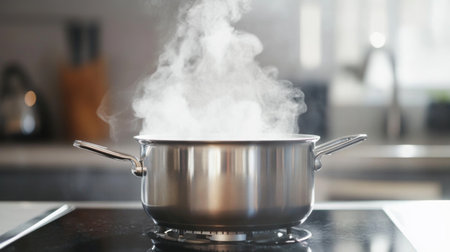 A close-up of a stainless steel pot boiling water on a modern stovetop, with steam rising, set against a clean kitchen backdrop.の素材
