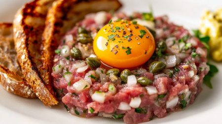 A close-up of a steak tartare dish, beautifully presented with capers, onions, and a raw egg yolk on top, served with toasted bread on a white background.の素材