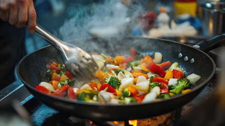 A chef stirring vegetables in a sizzling frying pan on high heat, with vibrant colors of the ingredients contrasting against the dark pan.の素材