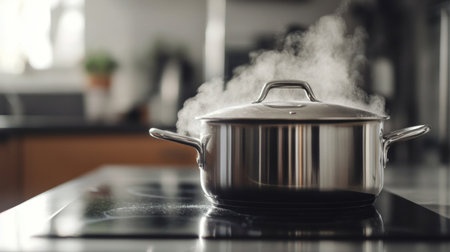 A close-up of a stainless steel pot boiling water on a modern stovetop, with steam rising, set against a clean kitchen backdrop.の素材