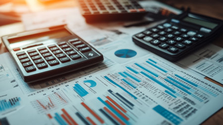 A close-up of a financial report with detailed graphs, charts, and calculations, spread out on a desk with a calculator and financial documents.の素材