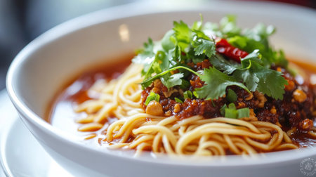 A close-up of a bowl of noodles with a rich, savory sauce and a garnish of fresh herbs and chili, presented on a white plate to emphasize its delicious presentation.の素材