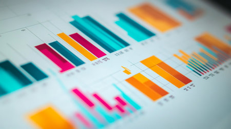 A close-up of a financial graph with colorful bar charts and line graphs, with an emphasis on data visualization and financial performance metrics.の素材