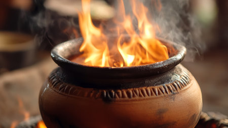 A close-up of a traditional Thai clay pot simmering over an open flame, capturing the rustic feel of outdoor cooking.の素材