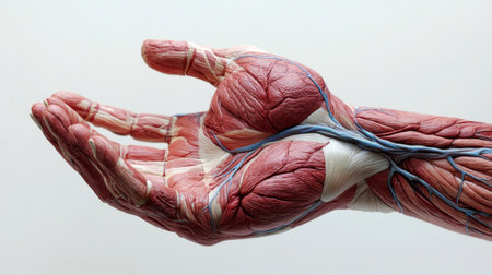 A close-up of a human hand with detailed veins and muscles visible, highlighting the complexity of the anatomy against a plain white backdrop.の素材