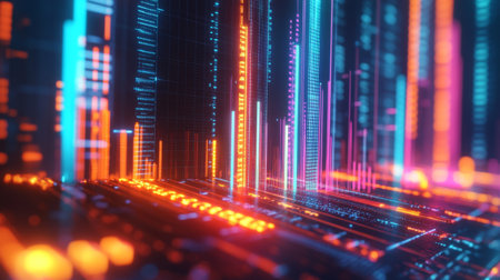 A close-up of a futuristic 3D bar graph with glowing neon bars, rising upward in a dynamic digital environment, symbolizing financial success and innovation.の素材