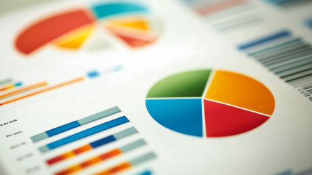 A business report with multiple pie charts illustrating profit margins and revenue distribution, laid out on a white surface for easy analysis and review.の素材