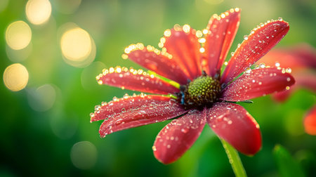 A close-up of a vibrant flower with delicate dew drops on its petals, glistening in the early morning light, set against a blurred green background.の素材