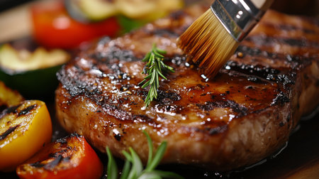 A close-up of a pork steak being brushed with a flavorful glaze, with a side of grilled vegetables and a garnished plate, highlighting its mouthwatering appeal.の素材