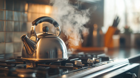 A close-up of a stainless steel kettle on a modern stovetop, with steam rising from the spout, ready for boiling water for tea or coffee.の素材