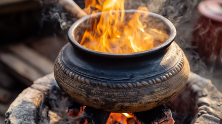 A close-up of a traditional Thai clay pot simmering over an open flame, capturing the rustic feel of outdoor cooking.の素材