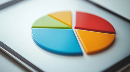 A close-up of a financial pie chart on a tablet, depicting budget allocation across different sectors. The chart colors are vivid, set against a minimalist white backdrop.の素材