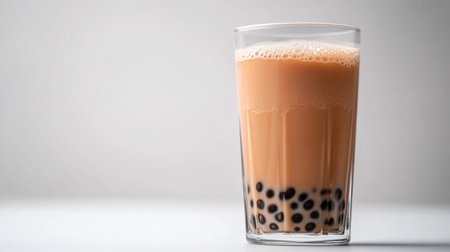 A close-up of a glass of classic milk bubble tea with tapioca pearls at the bottom, set against a clean white background, highlighting the drink simplicity and texture.の素材