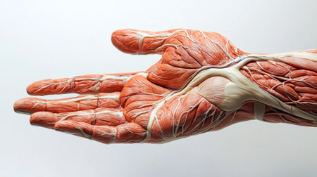 A close-up of a human hand with detailed veins and muscles visible, highlighting the complexity of the anatomy against a plain white backdrop.の素材