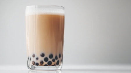 A close-up of a glass of classic milk bubble tea with tapioca pearls at the bottom, set against a clean white background, highlighting the drink simplicity and texture.の素材