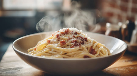 A close-up of a steaming bowl of classic spaghetti carbonara, with creamy sauce, crispy pancetta, and freshly grated Parmesan cheese, set on a rustic wooden table.の素材