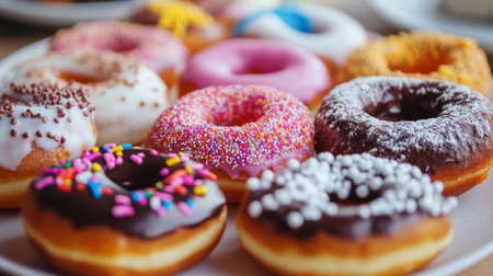 A close-up of a variety of colorful donuts with different toppings, including sprinkles, chocolate glaze, and powdered sugar, arranged on a white plateの素材