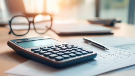 A close-up of a modern calculator with a sleek design and large, clear display, set on a desk with financial documents and a pen nearby.の素材