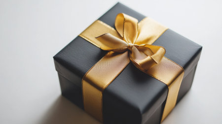A close-up of a luxurious gift box with a gold ribbon and a glossy finish, resting on a white background. The simplicity of the background makes the gift stand out.の素材