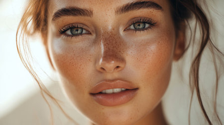 A close-up shot of a woman with radiant skin, soft features, and bright eyes, her natural beauty enhanced by subtle makeup and glowing with health.の素材