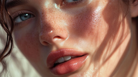 A close-up of a woman face with glowing, youthful skin, clear eyes, and full lips. Her soft expression radiates natural beauty and purity.の素材
