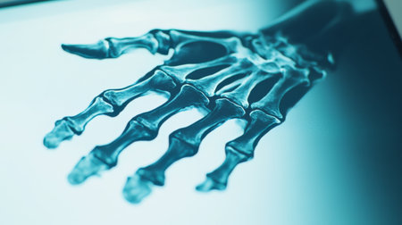 A close-up of an X-ray film showing a detailed image of a human hand with bones clearly visible, placed on a lightbox against a clean white background.の素材