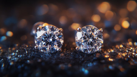 A close-up of elegant diamond stud earrings sparkling against a dark, plush background, showcasing their clarity and brilliance.の素材