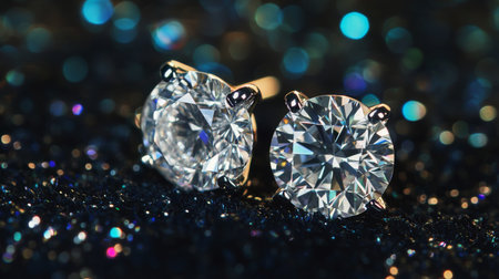 A close-up of elegant diamond stud earrings sparkling against a dark, plush background, showcasing their clarity and brilliance.の素材