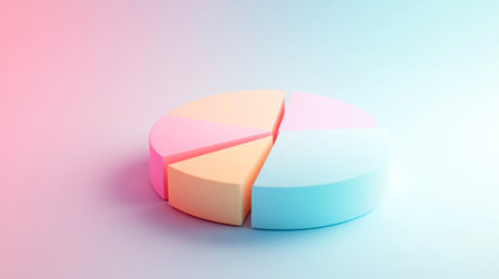 A creative 3D pie chart in pastel colors, each segment slightly tilted for emphasis, set against a soft gradient background, representing data visualization in a minimalistic designの素材