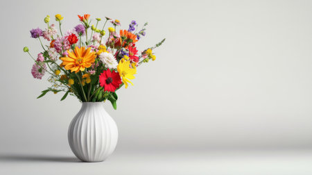 A contemporary vase with an abstract design, holding a vibrant assortment of seasonal flowers, set against a plain white background for a modern aesthetic.の素材