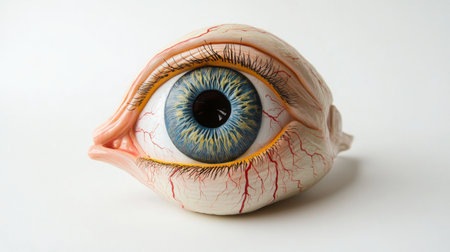 A detailed anatomical model of the human eye, illustrating the different parts such as the cornea, retina, and optic nerve, placed on a simple white background.の素材