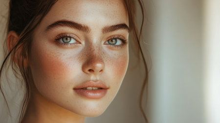 A close-up shot of a woman with radiant skin, soft features, and bright eyes, her natural beauty enhanced by subtle makeup and glowing with health.の素材