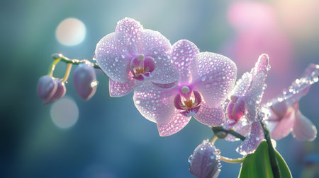 A delicate orchid with dew drops on its petals, captured in soft morning light, highlighting the elegance and freshness of the flower.の素材