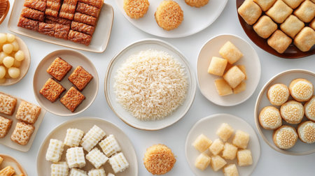A creative flat lay of traditional Thai sweets, including crispy rice cakes and sweet mung bean cakes, arranged attractively on a white surface to capture their variety.の素材
