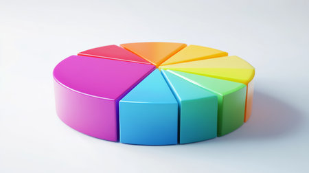 A colorful 3D pie chart with multiple segments, each section raised slightly to emphasize data distribution, set against a clean white background.の素材